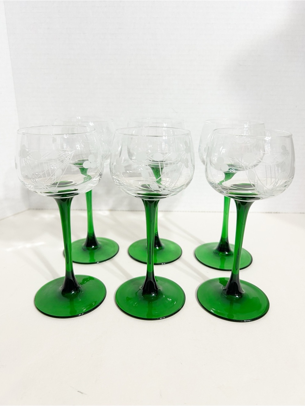 Green Stem Etched Wine Glasses - Set of 6